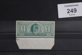 S.G. 266 1902 £1 DULL BLUE GREEN, from bottom of sheet, fine mint