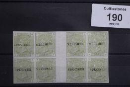 S.G. 153 1877 4d SAGE-GREEN, imperforate, overprinted 'SPECIMEN', an interpanneau block of eight