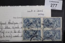 S.G. 412 1915 10/= SEAHORSE DE LA RUE PRINTING, FU block of 4, with Brandon certificate