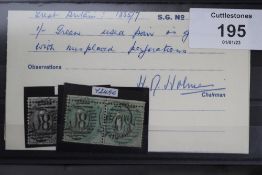 S.G. 72 1855 1/=, a used pair with badly misplaced perforations, RPS certificate