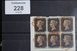 S.G. 2 1840 1d BLACK, block of six, tied to small piece by red Maltese Crosses