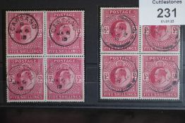 S.G. 263/4 KING EDWARD 5/= BRIGHT CARMINE AND DEEP BRIGHT CARMINE, each in superb used block of 4