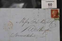 1855 1d RED COVER, tied by green Dublin 186 numeral to Wellington (Somerset), sl. rounded top