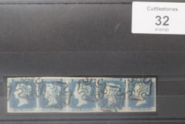 S.G. 4 1840 2d BLUE PLATE 1, a FU strip of five cancelled with black Maltese Crosses, right hand