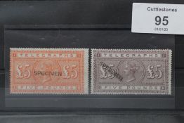 TELEGRAPH STAMPS £5 ORANGE AND £5 BROWN LILAC, both fine mint, over printed 'SPECIMEN'