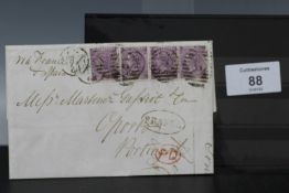 S.G 96 1865 6d DEEP VIOLET, plate 6 x 4 on entire to Portugal