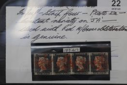 S.G. 1 1840 1d BLACK, JA-JD strip of four FU with red Maltese Cross cancels, RPS certificate
