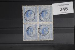 S.G. 319 10/= BLUE, superb used block of 4 with GUERNSEY MAY 21st 1912 CDS's