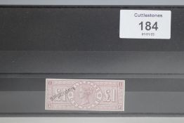 S.G. T17c 1877 £1, telegraph imperforate, overprinted 'SPECIMEN', FINE MINT