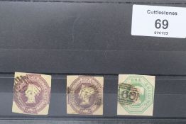 S.G. 54 AND 60 (2), embossed 1/= green and 6d purple, FU, mainly good to huge margins