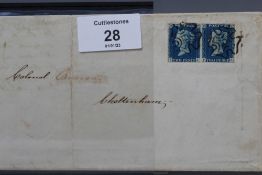 S.G 5 1840 2d BLUE PAIR, on entire to Cheltenham, clear margins top and sides