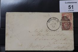 S.G.48 1870 ½ d BANTAM PAIR, apparently Plate 9 on cover, Dover to Wellington (Salop)