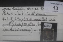S.G. 1, 1840 1d BLACK, cancelled with pink Maltese Cross, Brandon certificate