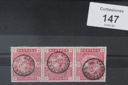 S.G. 181 1883 5/= CRIMSON, a lovely strip of three with CDS's Cardiff Docks AU 12 80