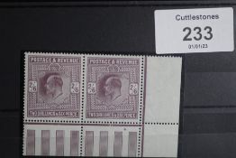 S.G. 317 KING EDWARD 2/6 DARK PURPLE, an UN/M pair from the bottom right corner or the sheet