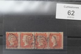 S.G. 21 1d RED BROWN, die 2, a FU strip of four (ex. Wiggins)
