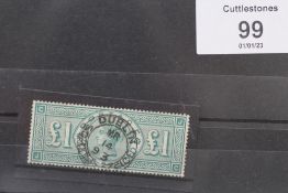 S.G. 212 1897 £1 GREEN, a VFU copy with Dublin MR4 1893 CDS