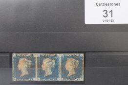 S.G. 4 1840 2d BLUE PLATE 1, FU clear margins all round a strip of three