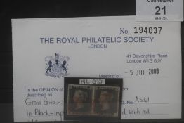 S.G. 1d BLACK, plate 6, a very fine used horizontal pair with clean royal certificate