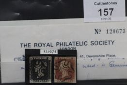 1840 1d BLACK, plate 11 together with 1D red, a matched pair 'R H' with Royal certificate