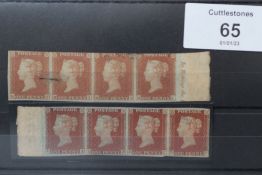 1841 1d RED, marginal with part inscription, strip of four (2), with full gum