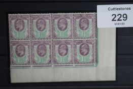 S.G. 223 1½ d PALE DULL PURPLE AND GREEN, on chalky paper, bottom corner marginal block of eight,