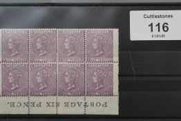 S.G.109 1867 6d MAUVE, plate 9, a fine mint block of eight, with marginal 'POSTAGE SIX PENCE'