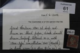 1841 1d DEEP RED BROWN, on blued paper with green (Neath) Maltese Cross cancel