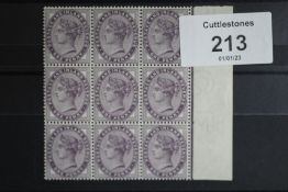 S.G. 172 1881 1d LILAC (16 DOTS), an UN/M marginal block of nine, with watermark inverted