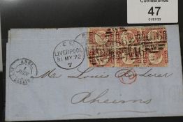 S.G. 48 1870 ½ BLOCK OF SIX ON COVER, Liverpool to Rheims, various additional markings
