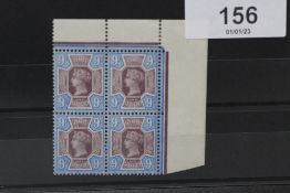 S.G. 209 1887 9d JUBILEE, an UN/M top corner marginal block of four