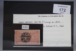 S.G. 137 1867 £5 ORANGE, VFU with Edinburgh JS 23 96 cancel, with BPA certificate