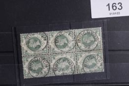 S.G. 211 1/= DULL GREEN, a FU block of six with Brighton CDS's, lovely colour