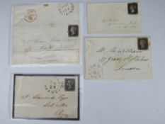 1840 1d BLACK x 4, on seperate letters, mainly fine