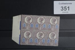 S.G. 207a 1887 5d DULL PURPLE AND BLUE, an UN/M marginal block of 6