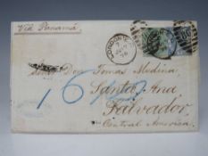 S.G. 118 1867 2/= BLUE, together with 1870 1/= plate 12, on cover to El Salvador, endorsed via