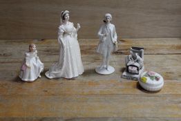 A COALPORT FIGURINE 'QUEEN VICTORIA' TOGETHER WITH ROYAL DOULTON 'LINDSEY', TRINKET BOX ETC