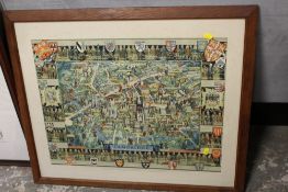 A FRAMED AND GLAZED BIRD'S EYE VIEW STYLE PICTURE OF TRINITY COLLAGE, CAMBRIDGE, TOGETHER WITH