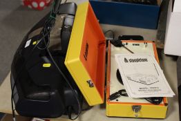 A PORTABLE STEEPLETONE RECORD PLAYER TOGETHER WITH A PANASONIC STEREO 'GHETTO BLASTER'