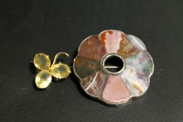 AN ANTIQUE SCOTTISH SILVER MOUNTED AGATE BROOCH AND CITRINE STYLE ANTIQUE BROOCH