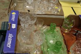 TWO TRAYS OF ASSORTED GLASSWARE TO INCLUDE DECO STYLE DRESSING TABLE PIECES, ETCHED SENIOR SERVICE