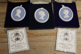 THREE WEDGWOOD BLUE AND WHITE JASPERWARE CASED MEDALLIONS