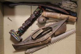 NATURAL HISTORY ITEMS INCLUDING A SWORD FISH BILL, SEED PODS, WOOD SAMPLES, NATIVE AMERICAN TOTEM