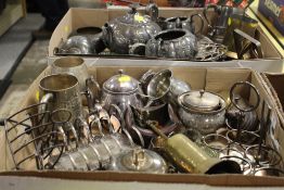 TWO TRAYS OF ASSORTED METALWARE TO INCLUDE A VICTORIAN SILVER PLATED THREE PIECE TEA SERVICE ETC