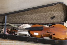 A VINTAGE CASED TWO PIECE BACK CONSERVATORY VIOLIN WITH BOW A/F