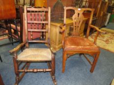 A PERIOD MAHOGANY ARMCHAIR TOGETHER WITH AN OAK WICKERSEAT ROCKING CHAIR (2)