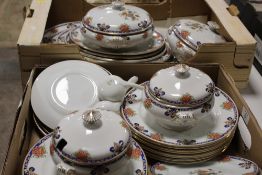 TWO TRAYS OF VICTORIAN STYLE DINNERWARE TO INCLUDE LIDDED TUREENS AND LADLES