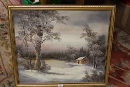 A FRAMED OIL OF A LAKESIDE WINTER SCENE