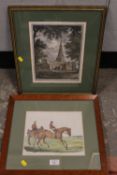 A FRAMED AND GLAZED EQUESTRIAN THEMED COLOURED ENGRAVING TOGETHER WITH A SIMILAR BAMPTON CHURCH