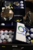A TRAY OF GOLFING ITEMS TO INCLUDE GIFT SETS, HIP FLASK ETC